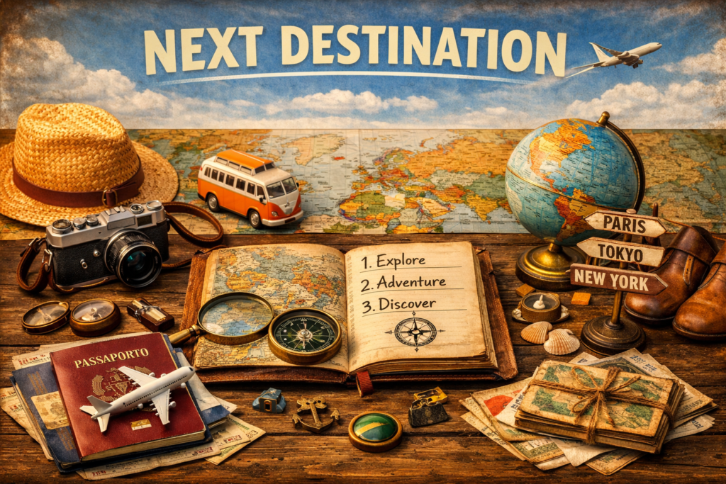 Accessori da viaggio su un tavolo vintage: passaporto, bussola, macchina fotografica, mappamondo e cartelli con destinazioni Paris Tokyo New York – TwoPinsOnTheMap