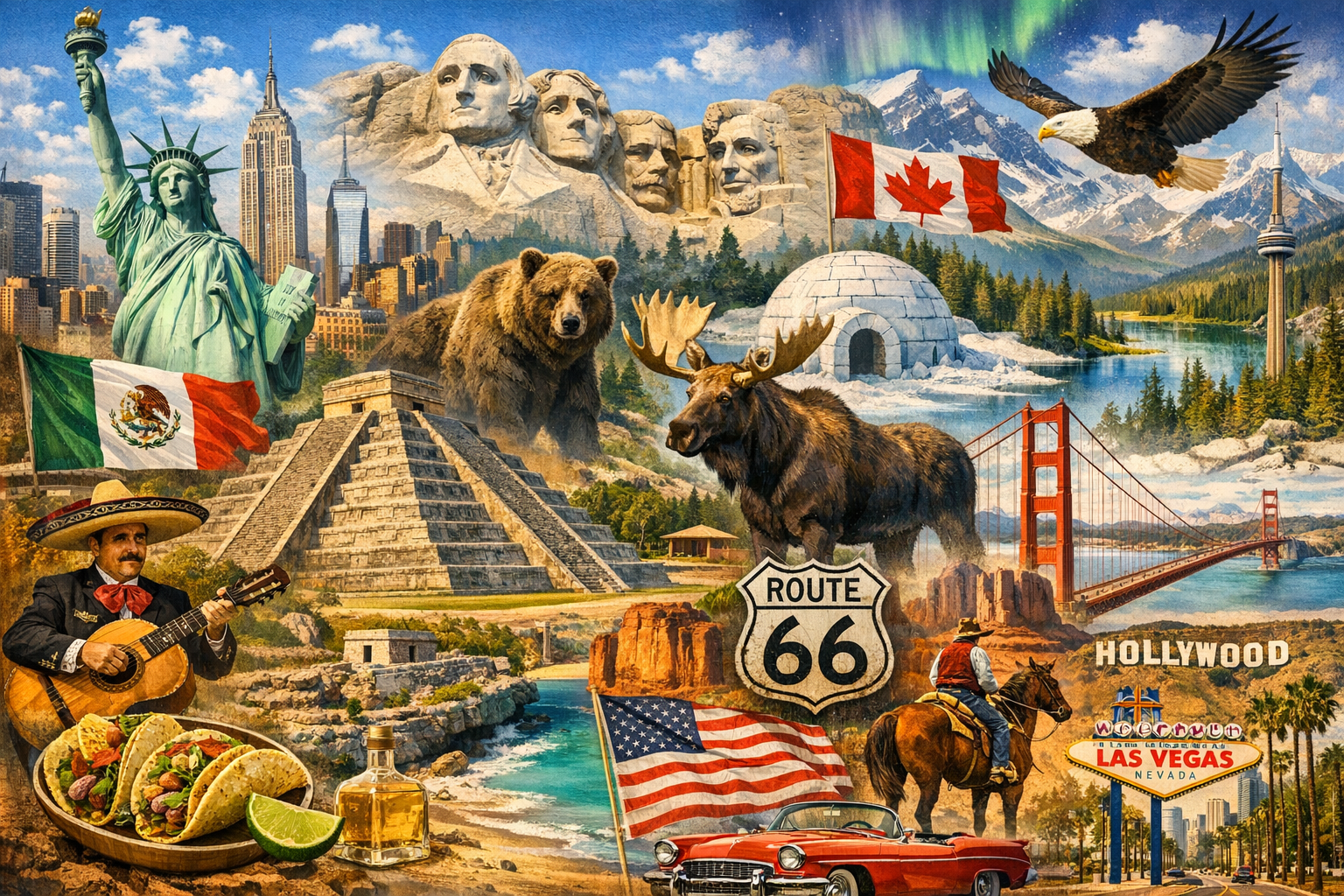 Viaggi in Nord America - Collage di simboli del Nord America: Statua della Libertà, Monte Rushmore, Route 66, Golden Gate, Las Vegas, piramidi Maya e bandiere di USA, Canada e Messico – TwoPinsOnTheMap