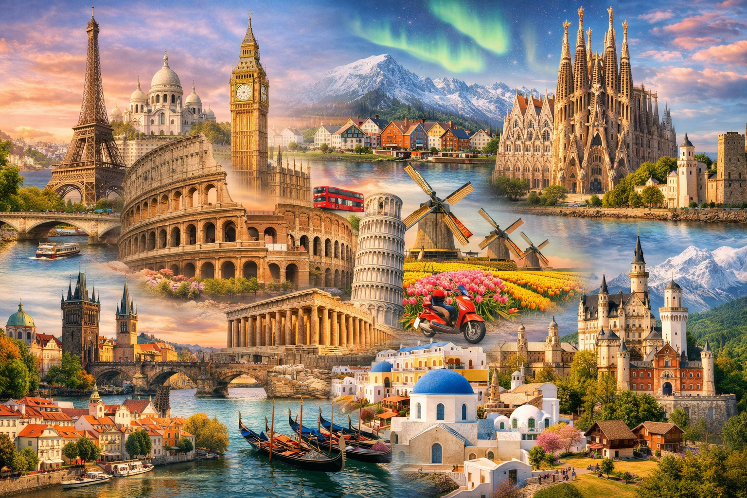 Viaggi in Europa - Collage dei principali monumenti europei: Torre Eiffel, Colosseo, Big Ben, Torre di Pisa, Sagrada Família, gondole di Venezia e mulini olandesi – blog di viaggi TwoPinsOnTheMap