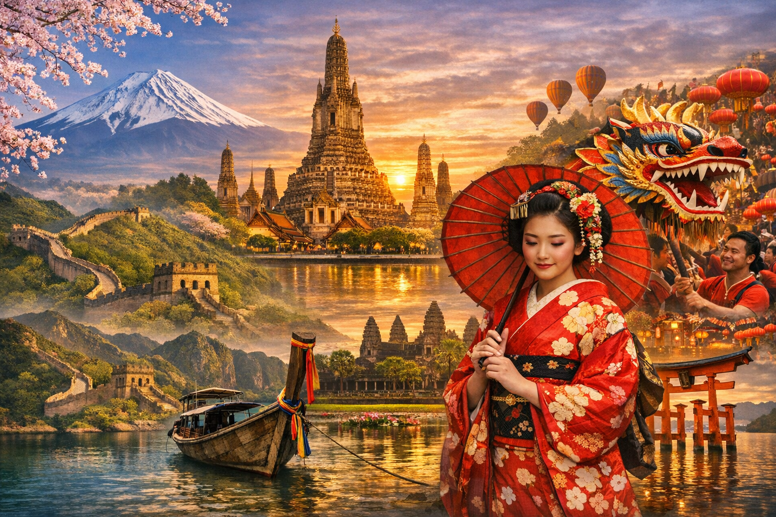 Viaggi in Asia - Collage di mete asiatiche: donna in kimono rosso, Monte Fuji con fiori di ciliegio, Wat Arun a Bangkok, Grande Muraglia Cinese, Angkor Wat e drago cinese – blog di viaggi TwoPinsOnTheMap