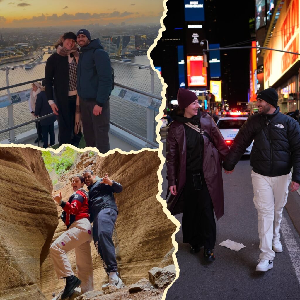 Coppia di viaggiatori in tre destinazioni diverse: panorama al tramonto su Amsterdam, escursione tra i canion di Gran Canaria e passeggiata notturna a Times Square New York"